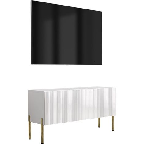 Mobile TV con frontale scanalato, bianco opaco, gambe dritte dorate, 100 × 32 × 52 cm (1/5)