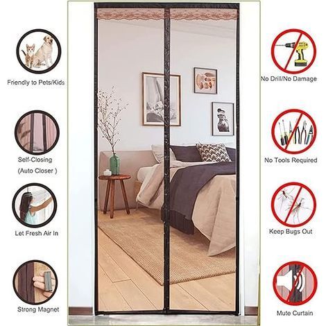 TAISHENGDA-Moustiquaire Porte Magnetique,La Moustiquaire Aimantée À Mailles Fines,Rideau Anti-Mouches et Anti-Insectes,Avec Fermoir de Rangement,Se Fermant Automatiquement(Café 70x200cm) (1/5)