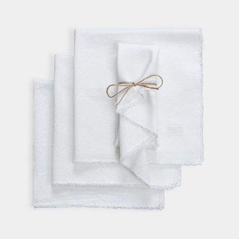 12 serviettes de table unies en lin mélangé - 45 x 45 cm, avec pompons, en lin et coton, carrées, réutilisables, idéales pour les mariages, les fêtes et un usage domestique, blanches (1/5)