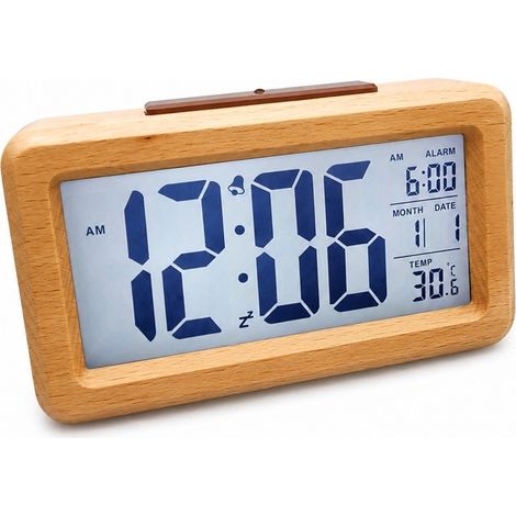 Réveil numérique en bois avec écran LCD, grand écran, thermomètre, alarme, japonais et coréen, décoratif - 1902 coque en bambou véritable (1/5)