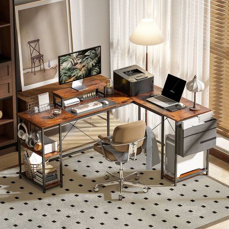 Bureau en l réversible 168x120 cm étagères sac rangement style marron rustique (1/5)
