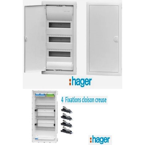 Coffret électrique encastré Cloison creuse 36 modules 3 rangées - porte Métallique blanche Hager VH36NC