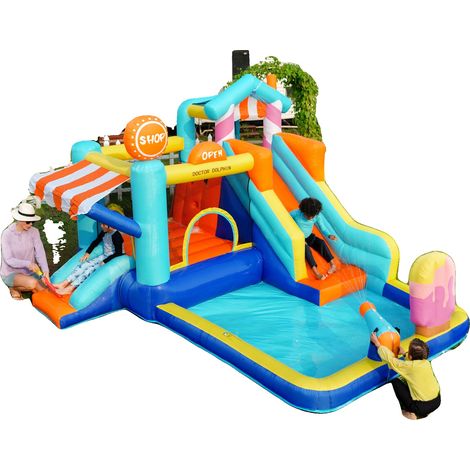 Parque acuático hinchable, 433 x 375 x 165 cm, tejido Oxford resistente, apto para uso en seco y mojado, se infla en menos de 5 minutos, diseño seguro. (1/5)