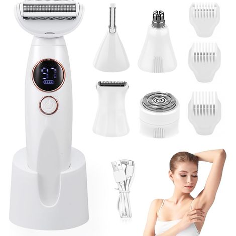 Rasoir électrique 5 en 1 pour femme - Rasoir intime pour femme - Rasoir électrique pour le visage, les aisselles, les jambes, les bras et le bikini - Rechargeable, étanche IPX7, rasage humide et sec (1/5)