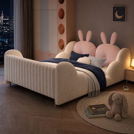 Lit 140x200 enfant teddy blanc motifs lapin HAVRYA (1/5)