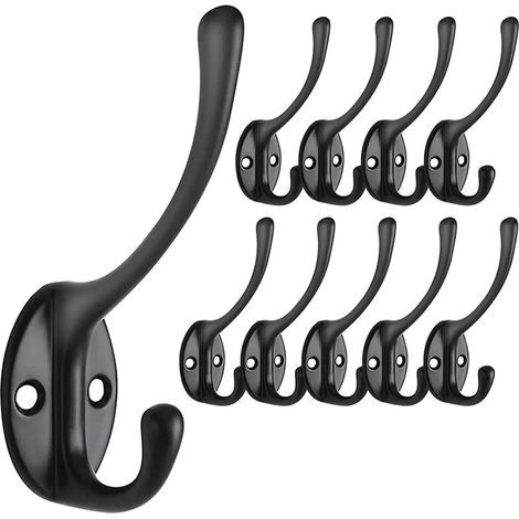 Lot de 10 patères, crochets en col de cygne, crochets muraux doubles, cintres métalliques avec 20 vis pour penderie, salle de bain, cuisine (noir) (1/5)
