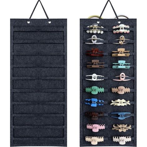 Organiseur suspendu pour accessoires – Feutre pliable – Pour barrettes, bijoux et petits objets – À fixer au mur, à la porte ou dans une armoire – Gris foncé – 35 x 50 cm (1/5)