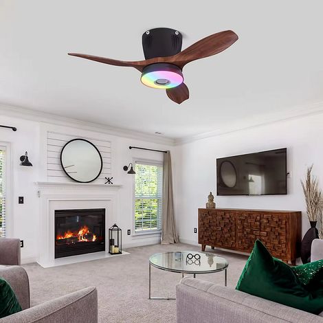 Ventilateur de plafond à trois vitesses avec variateur, Bluetooth, éclairage RGB et télécommande incluse, couleur marron (1/5)