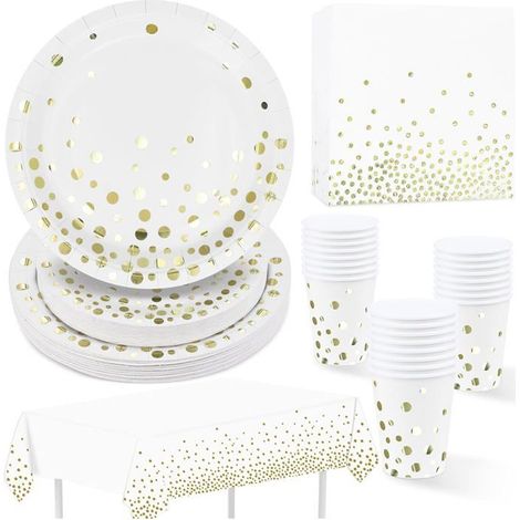 97 pièces, vaisselle jetable fête blanc doré, nappe PEVA 274 x 137 cm, assiettes gobelets serviettes, événements festifs