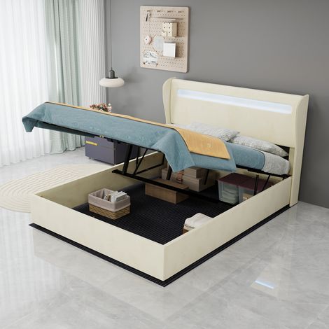 Lit rembourré moderne et minimaliste avec tête de lit souple à LED intégrée, 140 x 200 cm, beige, meuble de chambre multifonctionnel, sommier coffre haut avec système de levage à gaz, matelas non incl (1/5)