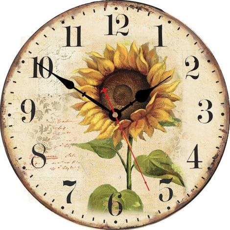Dekorative Wanduhren aus Holz im Vintage-Blumenstil, runde Wanduhr mit Sonnenblumenmotiv, 35,5 cm (14 Zoll) Durchmesser (1/4)