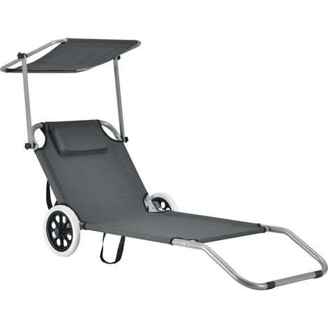 Sedia a sdraio con parasole e ruote per lettino poliestere e acciaio verniciato a polvere 146 x 52 x 15 cm grigio 030006277