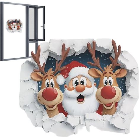 Adesivo murale con Babbo Natale e renne. Adesivi natalizi autoadesivi. Effetto 3D: Babbo Natale sfonda il muro. Atmosfera natalizia (1/5)