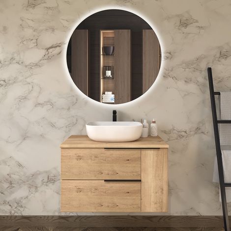 Meuble de salle de bain avec vasque à poser arrondie - roble (chêne clair) - KING et miroir rond SOLEN - 80cm (1/5)