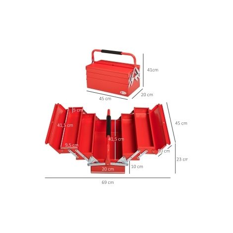 Boîte à outils pliable 45x20x34,5 cm en acier rouge, gain de place pour atelier FloraGrace (1/5)