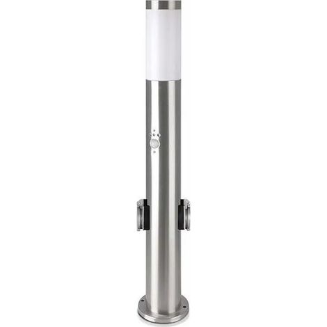 V-TAC VT-838 Portalampada Wall Light da giardino con sensore PIR e 2 prese schuko 16A fissaggio a terra 60cm in acciaio inox nickel satinato 1xE27 IP44 - sku 8977