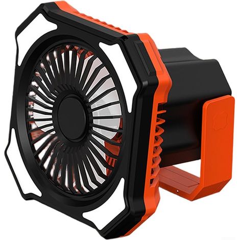 Ventilador portátil para camping con luz nocturna LED y función de batería externa, recargable, con mando a distancia y 3 velocidades (naranja + negro). (1/4)