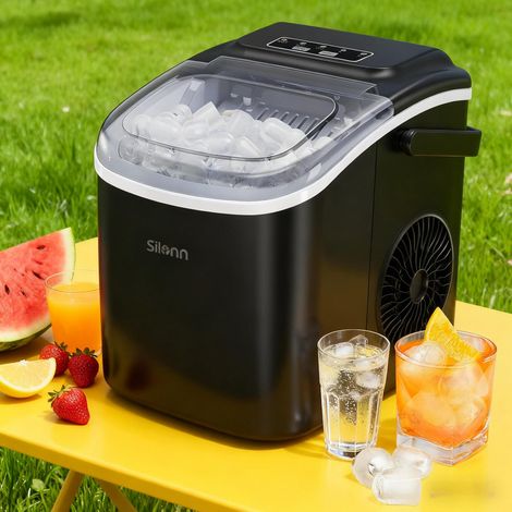 Machine à glaçons noire autonettoyante – 9 glaçons en 6min – 12kg/24h – 2 tailles pour boissons et fruits de mer – Silencieuse <35dB
