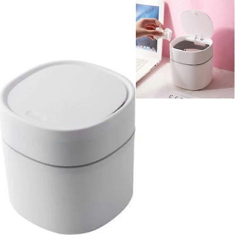 Corbeille à papier de bureau miniature avec couvercle et petit bouton, blanche, 1 pièce (1/5)