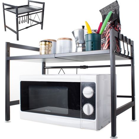 Étagère de cuisine réglable pour micro-ondes, noire, en acier, avec crochets, pour un gain de place. (1/5)