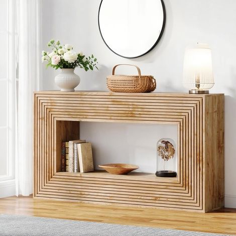 Table d'entrée – 150 × 30 × 83cm Table Console texture à rayures verticales – Texture du grain du bois - Couleur bois naturel