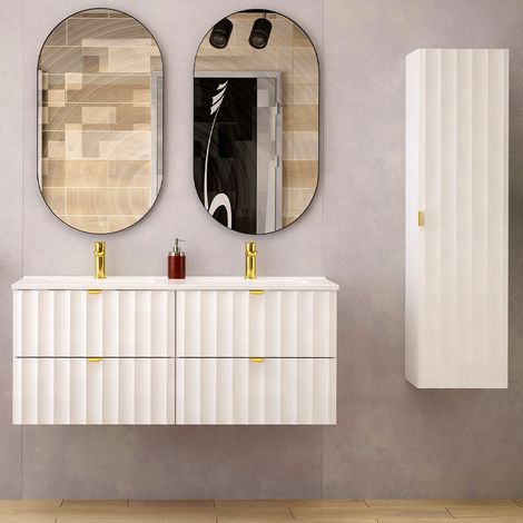 Petits-Meubles – Meuble sous vasque double 120cm – Colonne Lexa Blanc – Façades en MDF 18mm – Corps en stratifié 16mm – Système de fermeture silencieuse (1/5)