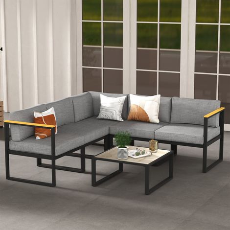 Conjunto de salón de jardín esquinero de 6 piezas de diseño contemporáneo para 5 personas - Fabricado en aluminio, de gran confort.