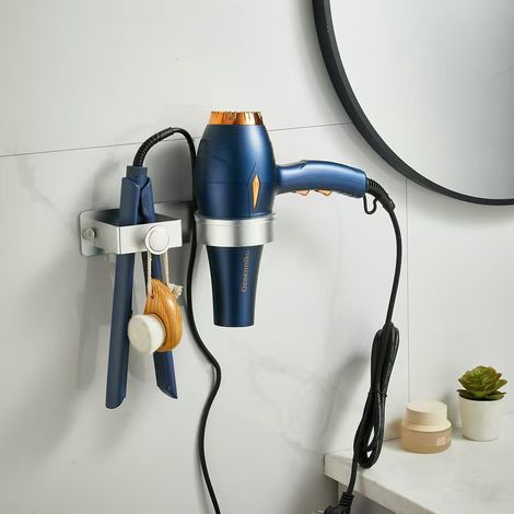 Support mural pour sèche-cheveux et fer à friser - Acier inoxydable, couleur argent, avec support de cordon, pour salle de bain et salon de coiffure