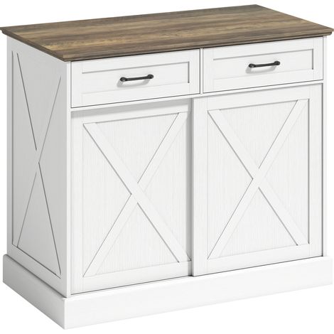 Îlot central cuisine blanc, buffet avec 2 tiroirs et 2 portes coulissantes, étagère ajustable, meuble de rangement. (1/5)