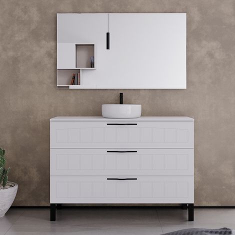 Meuble de salle de bain 120cm avec plateau et vasque à poser ronde - 3 tiroirs - blanc - CALA (1/5)