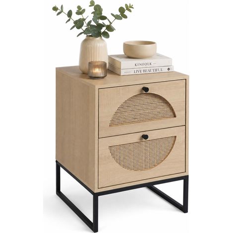 Relaxdays bedside table, rattan-effect, 2 drawers, HxWxD: 55 x 40 x 40 cm, MDF & iron, natural/black (1/5)
