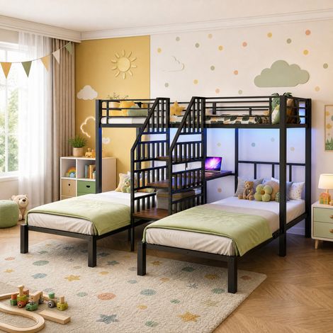 Letto a castello 90 x 200 cm in metallo e MDF, 3 posti, LED, scrivania, scaffale, nero (1/5)