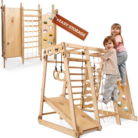 Verbessert 9-in-1 Klettergerüst Indoor für Kinder, Montessori Klettergerüst mit Rutsche, Schaukel, Kletterwand, Kletterdreieck – Spielplatz für Kinder