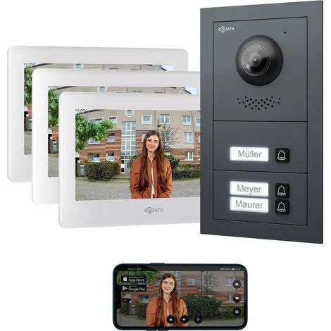 GOLIATH Basic 2-Draht BUS Türsprechanlage  FullHD  App  150°  3 Fam  Anthrazit/Weiß  Unterputz