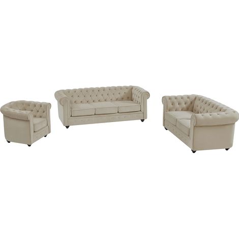 Canapé 3 places, 2 places et fauteuil en velours beige CHESTERFIELD