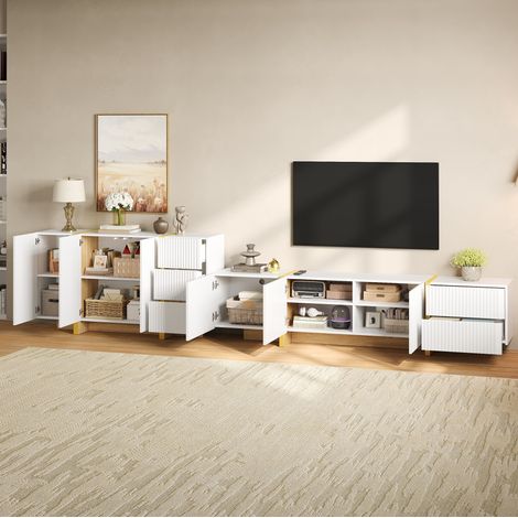 TV-Möbel mit geriffelter Front und Sideboard aus MDF und PB, Weiß, OKWISH (1/5)