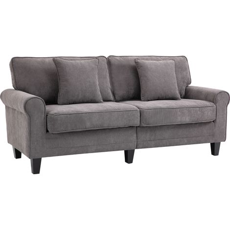 Canapé 3 places velours côtelé HOMCOM 197 cm, assise rembourrée avec accoudoirs, 2 coussins inclus, pieds pin massif, gris, pour salon, chambre ou bureau (1/5)