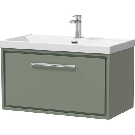 Balterley Modern Bathroom 1 Soft Close Drawer Wall Hung Vanity Unit & Rectangular Basin, Fern Green, 600mm
