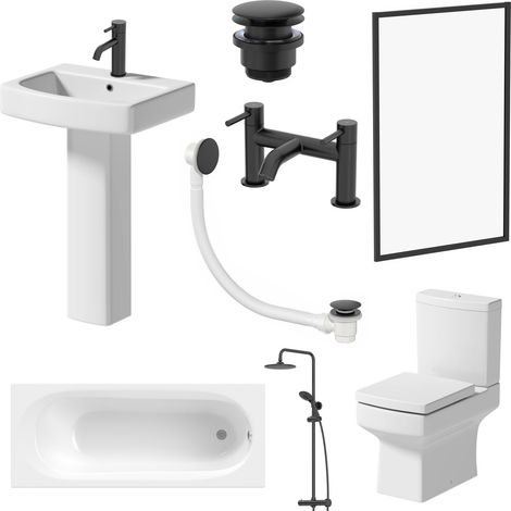Complete Bathroom Suite 1600mm Single Ended Curved Bath Black Screen Shower Close Coupled Toilet WC Basin Full Pedestal Taps Waste Set (1/5)