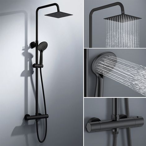 colonna doccia rotonda completo di miscelatore termostatico cilindro, soffione quadrato 20x20cm, nero (1/5)