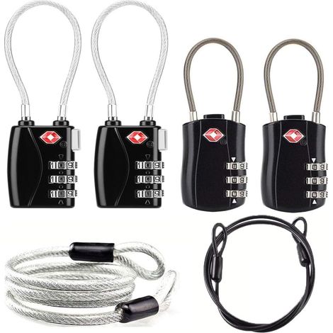TSA Lot de 4 Cadenas à Combinaison à Chiffres et câble en Acier pour valises, Bagages, Sac de Voyage, Valise, Gym, vélo (1/3)