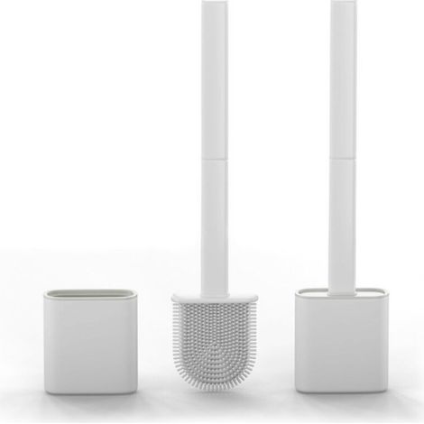 Silicone Toilet Brushes and Holders – Set of 2, Long Non-Slip Handle, Flexible Bristles for Easy Cleaning, Modern Drip-Free Base, Durable White Toilet Brush Set with Holder (1/5)