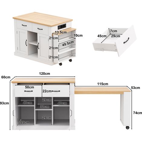 Îlot de cuisine mobile avec chariot comprenant une table à manger escamotable, un comptoir-bar escamotable, 7 roues, étagères de rangement, 132 (235) x 60 x 93 cm (1/5)