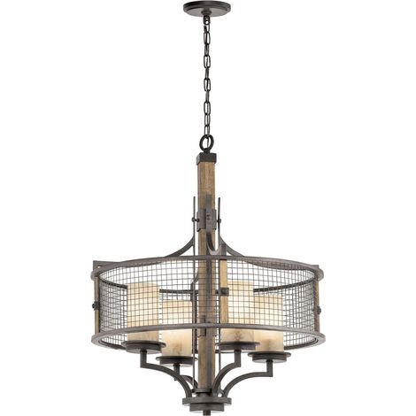 Ferro, Legno e Marmo - Lampadario a 4 luci