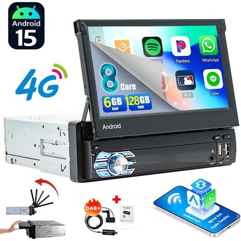 Autoradio Android 15 1 DIN 6Go+128Go 8-Cœurs - Apple CarPlay, 4G, GPS, Bluetooth, Radio RDS - 6+128G DAB+