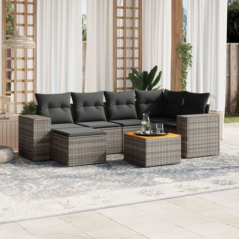 Ensemble Salon de Jardin 9 Pièces en Résine Tressée Gris avec Coussins et Table Acacia Meuble d'Extérieur Modulaire Confortable (1/5)