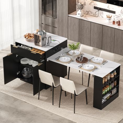 Isla de cocina con ruedas, mesa de comedor extensible con iluminación LED y estantes ajustables, mesa de cocina con regletas y cajones, sirve como isla de cocina, cocina y comedor (negro) (1/5)