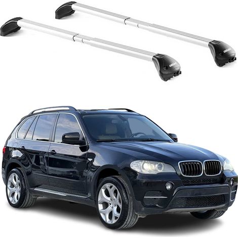 OMAC Barres de toit transversales certifiées TÜV pour BMW X5 E70 E53 1999-2013 5 Portes – Verrouillables (4 antivols) – Charge max 100 kg – Sangle inox + protection caoutchouc Argent (1/4)