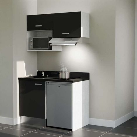 Kitchenette K02L - 120 cm avec plan monobloc, emplacement frigo, hotte et micro-ondes-Noir-Nero-évier à gauche