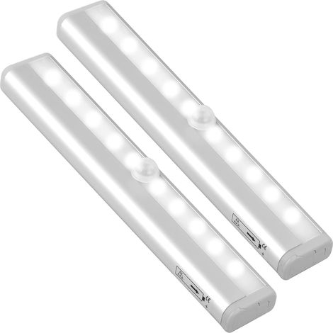 Lot de 2 lampes de placard à détecteur de mouvement LED avec bande magnétique adhésive, 10 bandes lumineuses LED veilleuse pour placard, éclairage sous meuble pour cuisine, escaliers (1/5)
